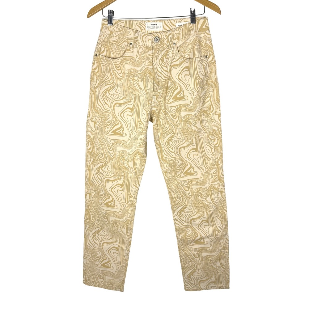 Cotton On Long Straight Leg Jeans Marbled Cream Gold Swirl Print 6 EUC Funky Art
